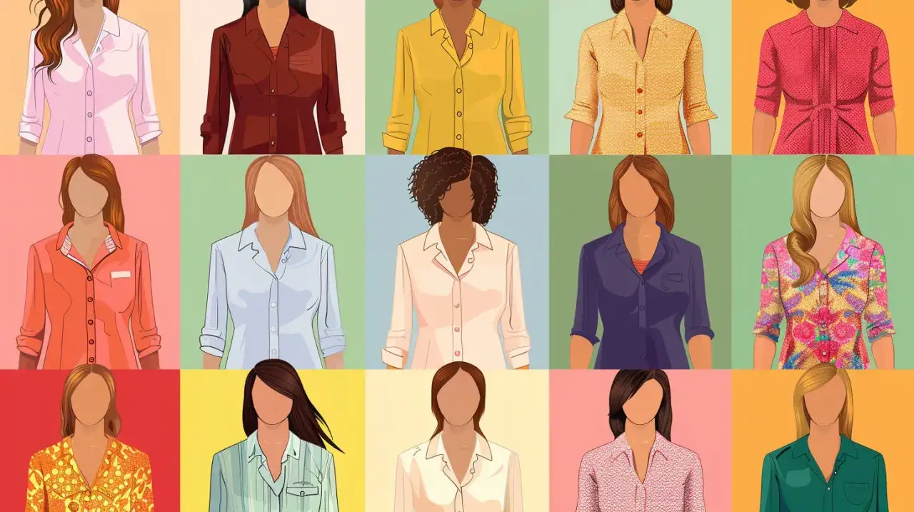 Una griglia di camicie da donna in vari colori e fantasie. Ogni camicia &egrave; indossata da una figura stilizzata senza volto.