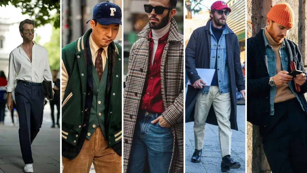 Cinque uomini con stili diversi, un esempio di abbinamento colori vestiti che spazia dal casual al formale, con cappelli e giacche iconiche.
