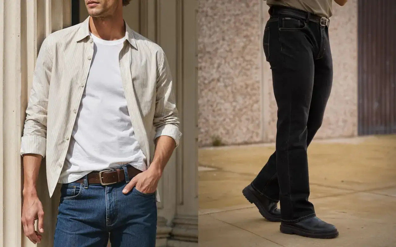 Uomo con fisico a triangolo invertito, indossa jeans e camicia a righe.