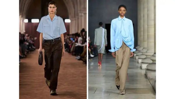 Modella con pantalone verde e camicia azzurra, un look audace e moderno.