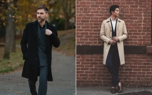 Uomo con abbinamento cappotto nero e completo gessato, e un altro uomo con trench beige e completo blu.