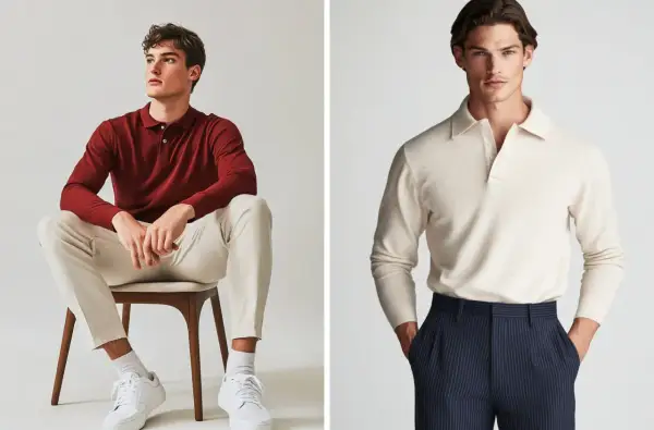 Uomo con polo bordeaux e pantaloni chiari, e uomo con maglione beige e pantaloni a righe. Stile casual chic.