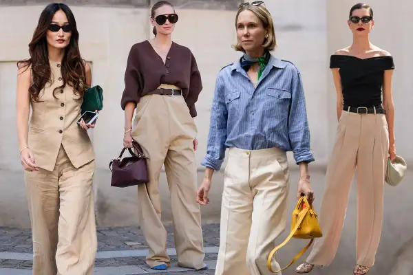Quattro donne sfoggiano eleganti pantaloni color fango, dimostrando versatili abbinamenti uomo e donna per un look chic.