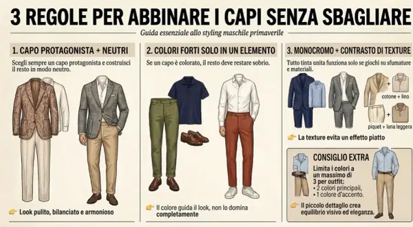 Guida agli abbinamenti vestiti uomo: 3 regole per creare look equilibrati, con focus su colori, texture e capi protagonisti.