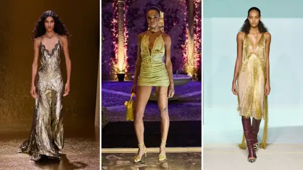 Modelli indossano abiti scintillanti color oro, mostrando eleganti abbinamenti vestiti per un look audace e glamour.