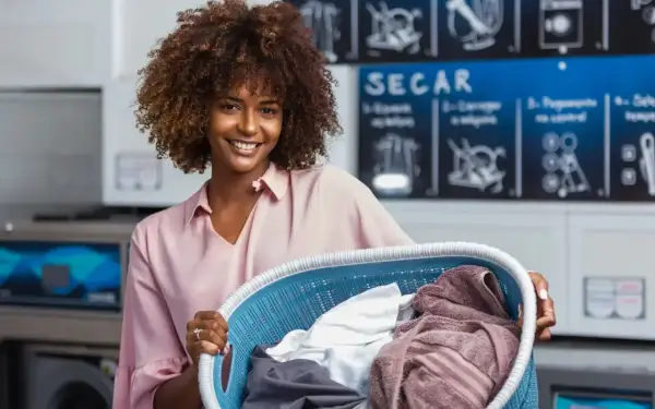 Donna sorridente con un cesto di panni in lavanderia. Attenzione, la centrifuga restringe i capi se non si usa il programma giusto!