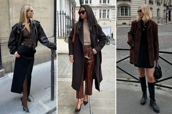 Tre donne mostrano outfit eleganti: marrone e nero stanno bene insieme, con giacche in pelle, cappotti lunghi e gonne.