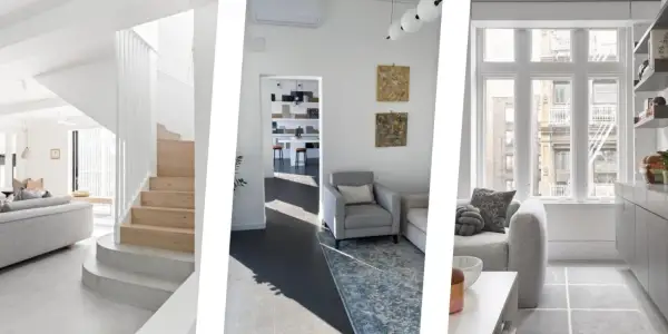 Interni moderni con scale in legno, divani grigi e tappeti che creano un'atmosfera accogliente. Ottimi colori da abbinare al grigio scuro abbigliamento.
