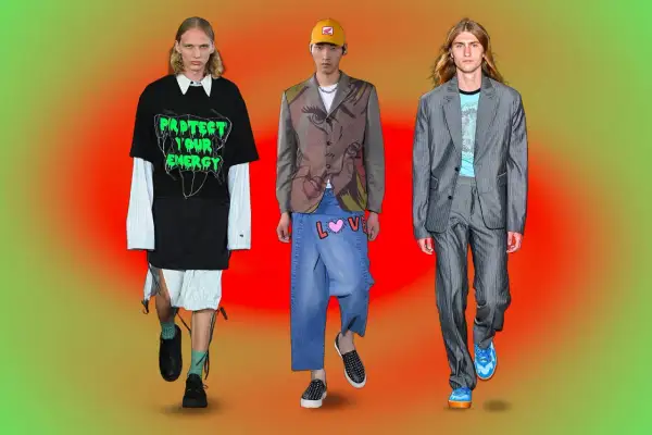 Modelli con look audaci: uno con camicia a righe e maglietta con scritta "PROTEST YOUR ENERGY", un altro con giacca e jeans con cuore "LOVE", e un terzo in completo gessato.