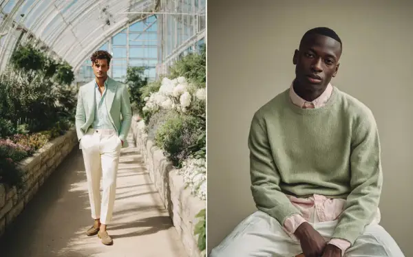 Uomo con abbinamento grigio e verde: completo sartoriale menta e pantaloni chiari, e maglione verde su camicia rosa.