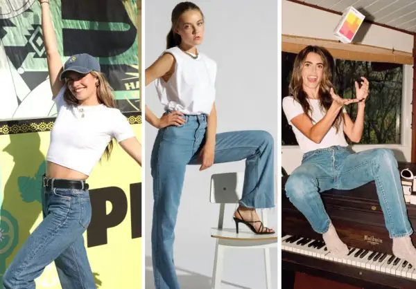 Tre donne con maglietta dentro i pantaloni uomo, in diverse pose e ambientazioni.