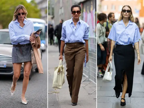 Tre donne sfoggiano una camicia azzurra in modi diversi: con minigonna, pantaloni marroni e gonna nera lunga.
