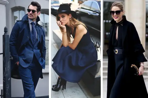 Uomo elegante in abito blu e trench, donna con abito blu e cappello, donna in nero con cappotto. L'abbinare blu e nero è un classico intramontabile.