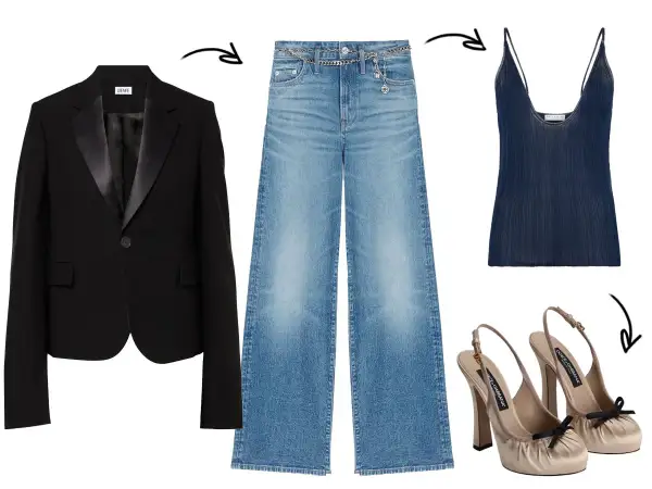 Outfit blazer e jeans: giacca nera con revers in raso, jeans a vita alta a zampa, top blu scuro e décolleté beige con fiocco.