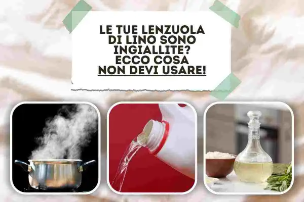 Le tue lenzuola di lino ingiallite? Ecco cosa non devi usare! Immagini mostrano pentola a vapore, liquido da una bottiglia e olio in una caraffa.