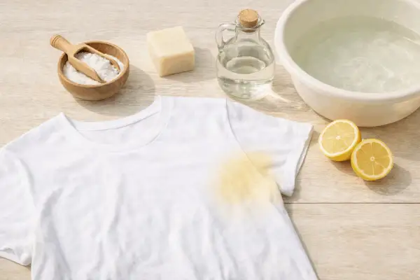 T-shirt macchiata, bicarbonato, sapone, aceto e limoni: ingredienti naturali per sapere come sbiancare i panni bianchi e farli tornare come nuovi.