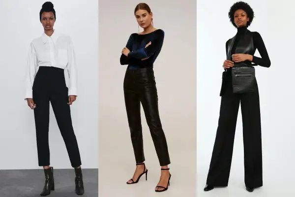 Tre look con pantaloni neri: eleganti con camicia bianca, audaci con top in velluto e pelle, o sofisticati con gilet e borsa a tracolla.