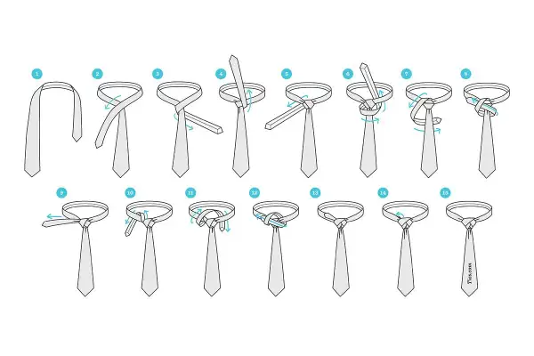 Illustrazione passo passo per creare un nodo cravatta perfetto. Segui le 15 fasi per un risultato impeccabile.