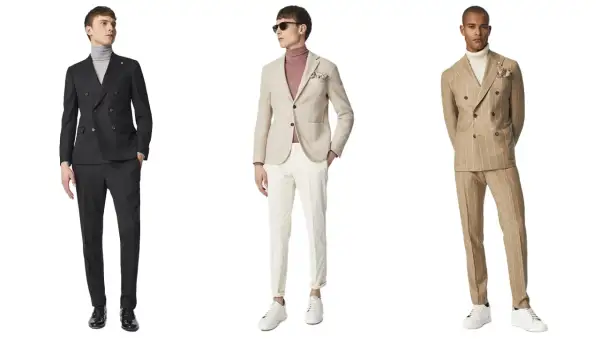 Tre uomini indossano abiti eleganti. Uno con gessato spezzato, un altro con completo nero e il terzo con giacca beige.