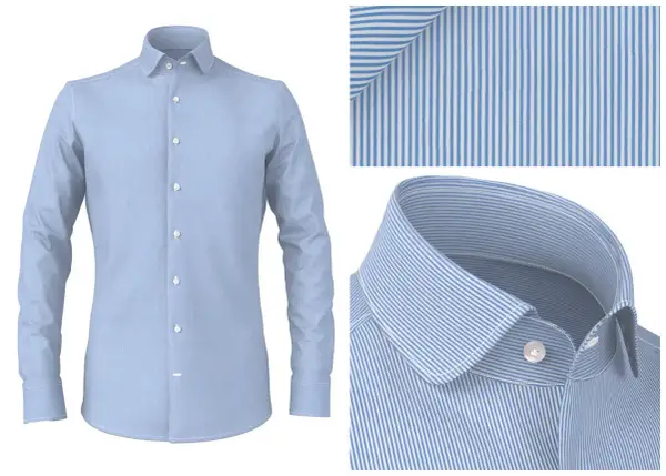 Camicia azzurra a righe bianche, con dettagli del tessuto e del colletto.