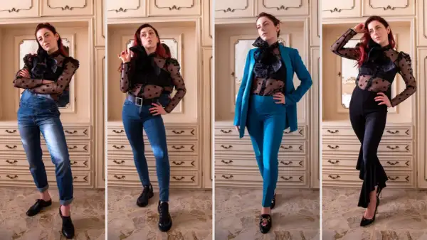 Modelli di outfit con camicia trasparente: jeans, tuta, tailleur e pantaloni a zampa. Idee su cosa mettere sotto una camicia trasparente.