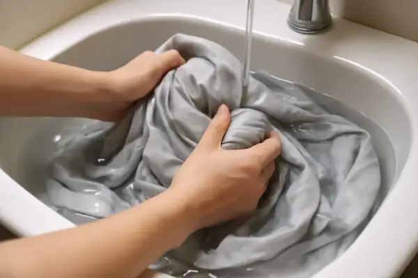 Mani che lavano delicatamente un tessuto di raso grigio in un lavandino, mostrando come lavare il raso a mano per mantenerlo morbido e lucido.