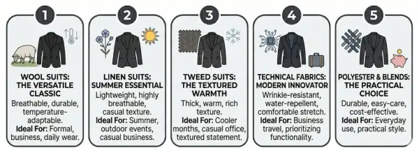Cinque stili di outfit uomo: lana classica, lino estivo, tweed caldo, tessuti tecnici innovativi e poliestere pratico.
