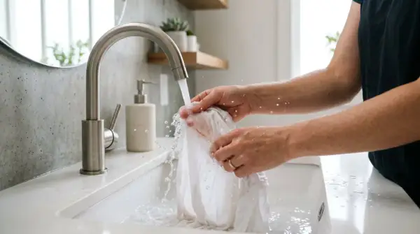 Mani che lavano un capo bianco sotto l'acqua corrente, un metodo efficace per togliere macchie di sangue con acqua ossigenata.