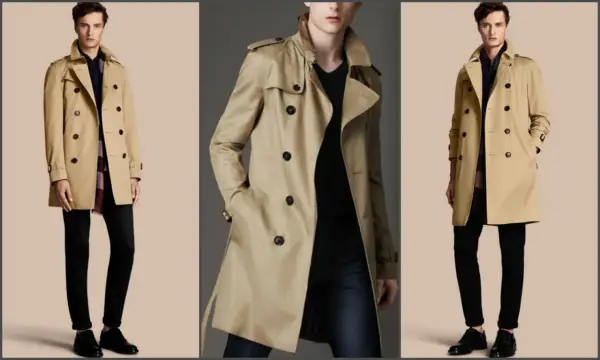 Uomo con un elegante outfit con trench beige, camicia a quadri e pantaloni neri.