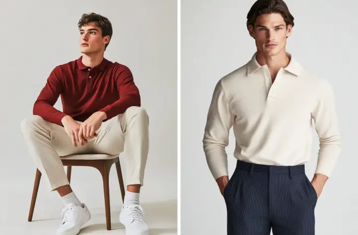 Uomo con polo bordeaux e pantaloni chiari, e uomo con maglione beige e pantaloni a righe. Stile casual chic.